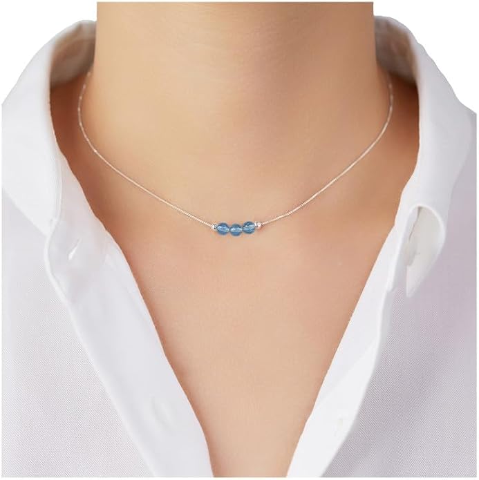 Dainty Crystal 925 Sterling Silver Choker Collar Necklace Handmade With 3 Beads Birthstone Jewelry Gifts for Women Young Lady Mother Friends Keenove