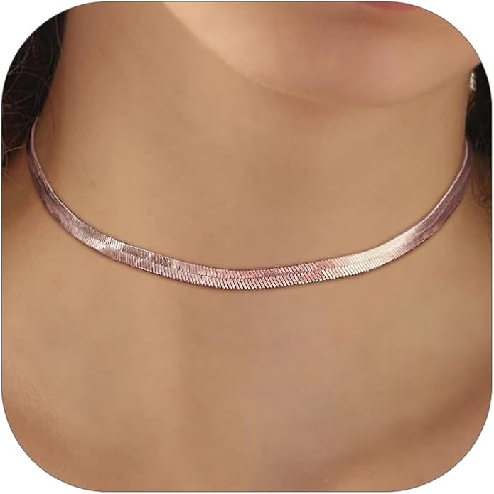 FOCALOOK 14K Gold Plated Necklaces for Women, Fashion Herringbone Choker Necklace Stainless Steel Flat Snake Chain 3/5MM(W) 12.5"/15"/18"+3.5"(L)