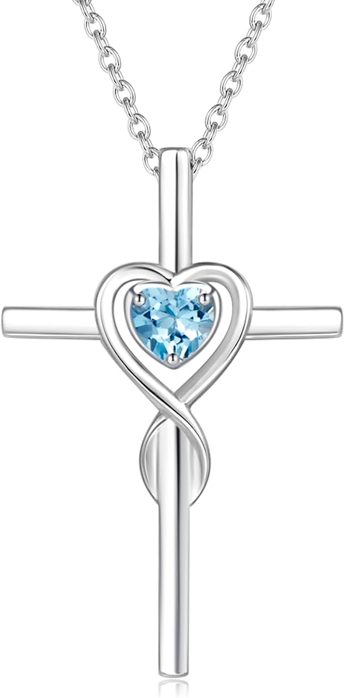 FANCIME Birthstone Cross Necklace for Women Birthstone Necklace Heart Infinity Cross Pendant Necklace Fine Jewelry Christmas Birthday Holiday Gifts for Her, 16"+2" Inches