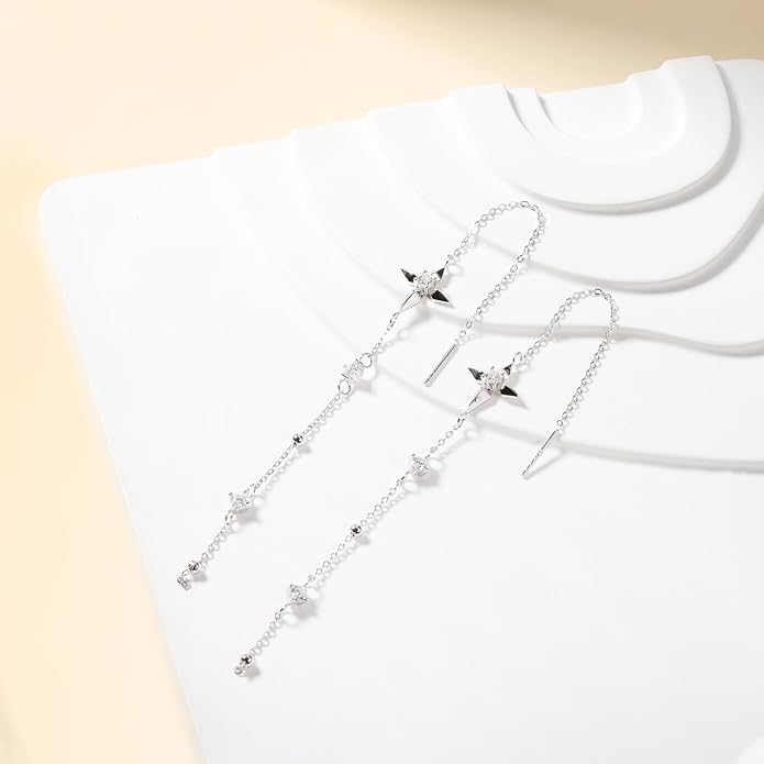 Moissanite Threader Earrings for Women - 925 Sterling Silver 0.6CT 3.0mm Moissanite Dangle Drop Earrings Long Chain Earrings Jewelry Gifts