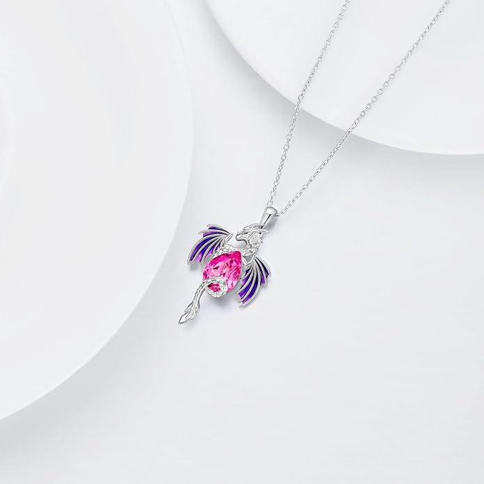 Dragon Necklace for Men Sterling Silver Birthstone Wyvern Necklace Embllished with Teardrop Shaped Crystal Jewelry for Women