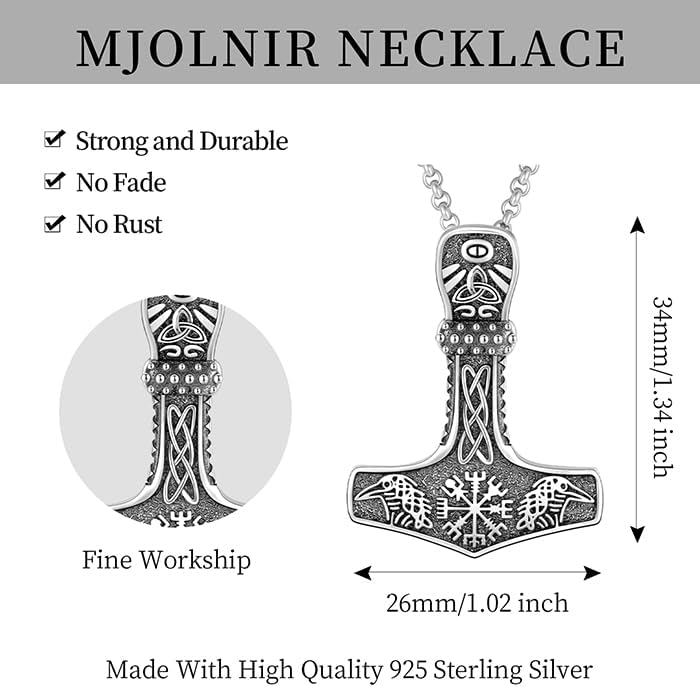 Tetragrammaton/Thors Hammer/Viking Axe/Jewish/Yahweh Necklace for Men 925 Sterling Silver Viking Norse Pagan Jewelry Gifts for Women
