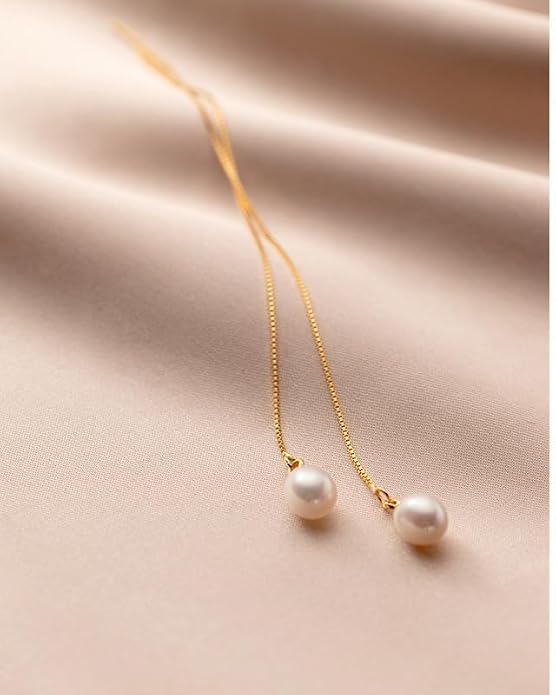 JaruJaru Vermeil Chain Freshwater Pearl Earrings for Women, Gold Threader Earrings, Gold plated on S925 Sterling Silver, Hypoallergenic Thread Through Dangle Earrings