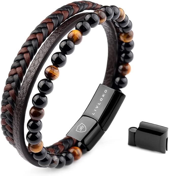 LONDON Mens Bracelet Leather Black Multi-Layer Stone Beads Adjustable Steel Clasp Viking Rope Bands Surfer Man Wristband Male UK Jewellery Gift box Boyfriend Dad Son Brother Tiger Eye