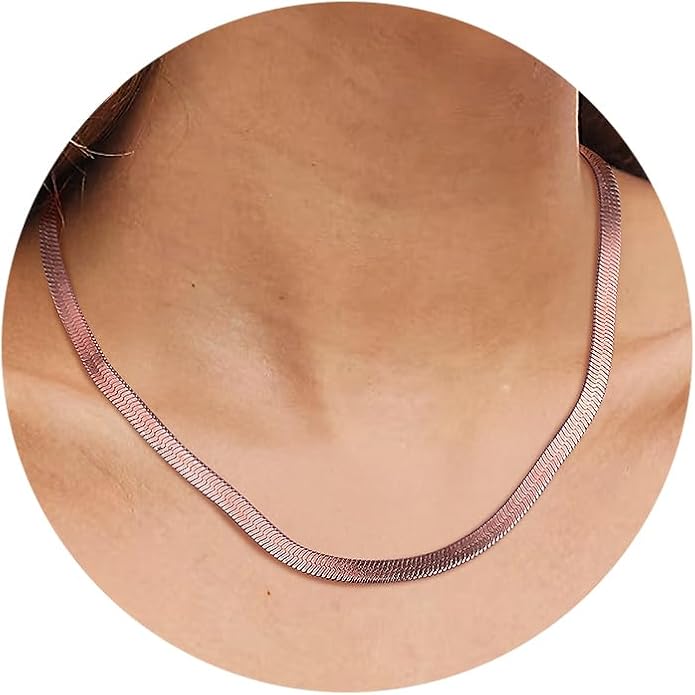 FindChic Black/14K Gold Plated Herringbone Choker Chain Necklace for Women | Waterproof Stainless Steel, Dainty Layering, Flat Snake Chain, Non-Tarnish, Hypoallergenic, Adjustable Extender, Gift Box