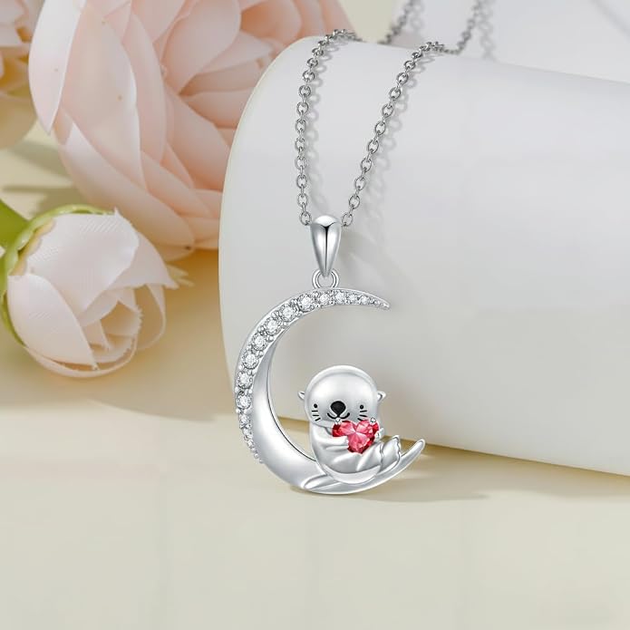 PROESS Animal Birthstone Necklace 925 Sterling Silver Otter/Axolotl/Hippo/Elephant/Dachshund/Monkey/Red Panda Pendant Necklace Animal Birthstone Jewelry Gifts for Women