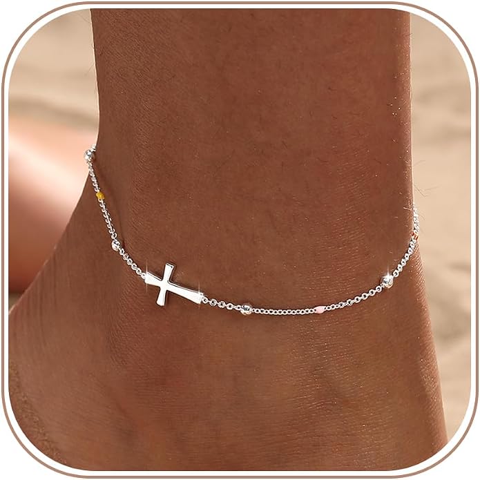 Ankle Bracelets for Women 14K Gold/Silver Plated Cross Heart Bead Anklet Waterproof Adjustable Chain Non Tarnish Cute Boho Trendy Dainty Summer Beach Foot Jewelry Gift for Her