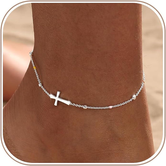 Ankle Bracelets for Women 14K Gold/Silver Plated Cross Heart Bead Anklet Waterproof Adjustable Chain Non Tarnish Cute Boho Trendy Dainty Summer Beach Foot Jewelry Gift for Her
