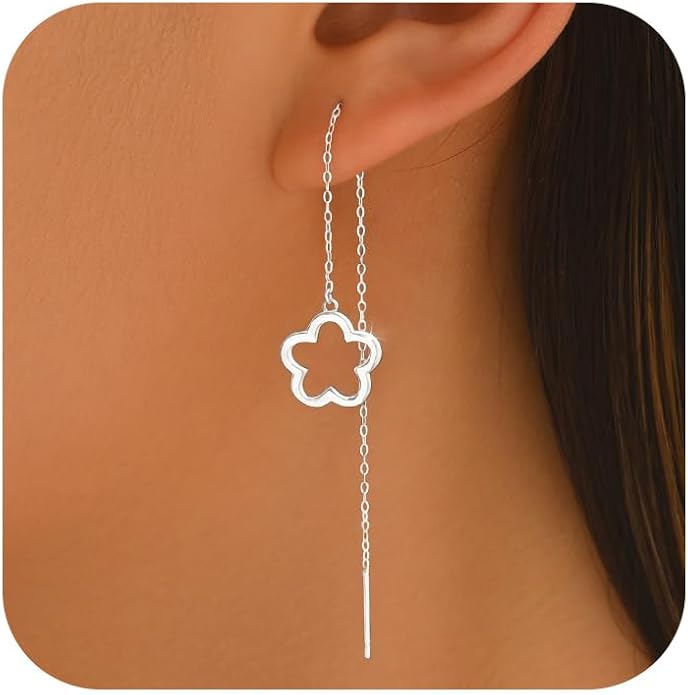 Flower Threader Drop Earrings for Women, 925 Sterling Silver Dainty Hollow Floral Dangle Earrings to Daughter Mother 14k Gold Plated Flowers Long Tassel Chain Earring Birthday Wedding Jewelry Gift