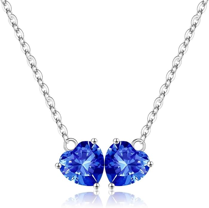 Iefil 1.25Ct Double Heart Birthstone Necklace - 925 Sterling Silver Birthstone Necklace, Birthday Gifts for Women, Jewelry Gifts for Mom Daughter Wife