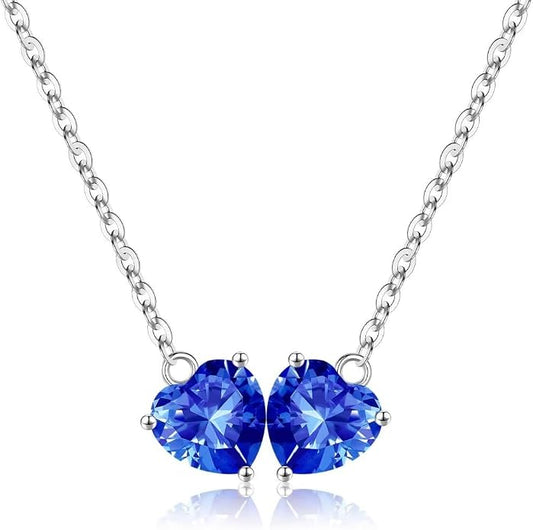 Iefil 1.25Ct Double Heart Birthstone Necklace - 925 Sterling Silver Birthstone Necklace, Birthday Gifts for Women, Jewelry Gifts for Mom Daughter Wife