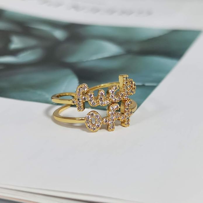 MOROTOLE Women Statement Letters Personalized Ring 18K Gold Plated Open Rings Hypoallergenic Cubic Zirconia Adjustable Rings for Women