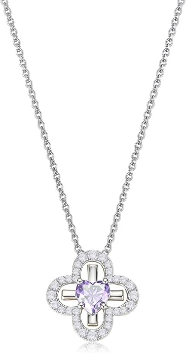 Four Leaf Clover Heart Birthstone Necklace, S925 Sterling Silver Clover Pendant, Dainty Lucky Charm Jewelry Birthday Gift for Her, 18"+2" Adjustable