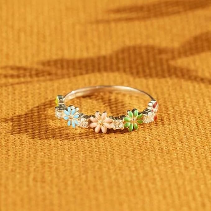 LRESJJIUJ 925 Sterling Silver Ring 18K Gold Plated Daisy Flower Ring Paved with Coloful Cubic Zirconia Pastoral Fresh Style Enamel Ring Elegant Daily Band 8