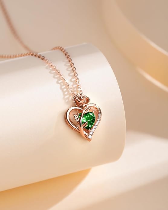Anniversary Birthday Gifts for Women - Heart Birthstone Necklace: 925 Sterling Silver Rose/White/Yellow Gold Pendant Necklaces Gold Jewelry Gift for Wife Girlfriend Mom Daughter Grandma