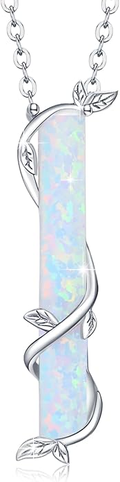 Bar Opal Leaf Necklace For Women S925 Sterling Silver White Opal Pendant with Leaf Charm Bar Pendant Jewelry Gift For Mom Daughter Wife