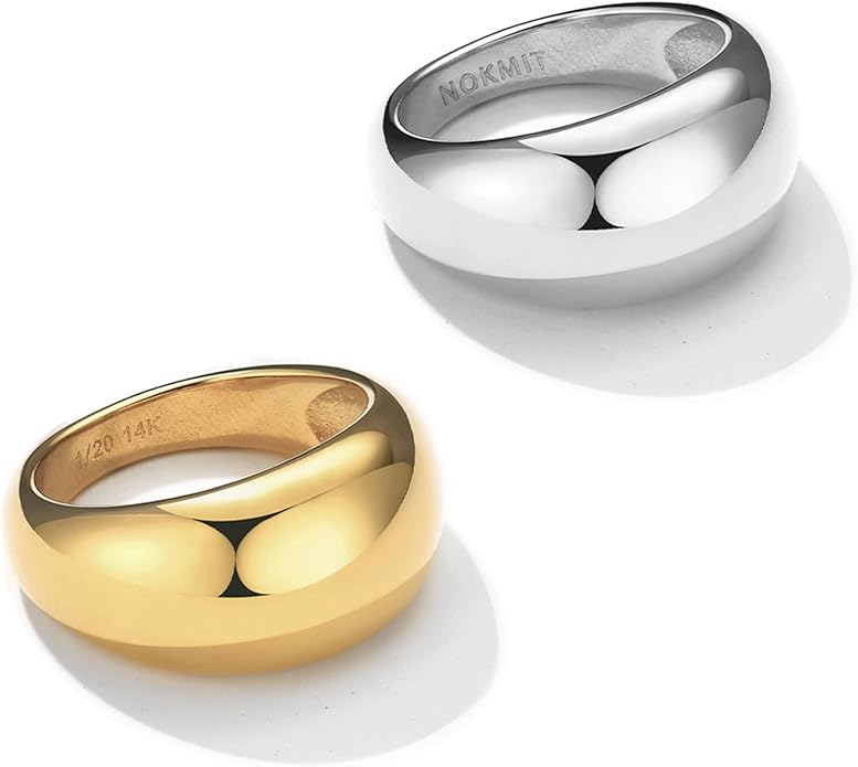 NOKMIT Chunky Dome Rings for Women Dainty 14K Gold Silver Tone Cute Bold Dome Statement Ring Thick Minimalist Thumb Band High Polished Smooth Comfort Fit Size 5-10