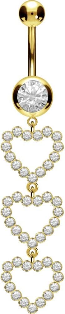 PIERCINGLINE Surgical Steel Belly Button Ring 3 Crystal Hearts - Belly Piercing Navel Piercing Jewelry in 3 stylish colors