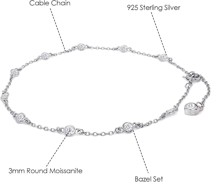Station Anklet Bracelet For Women 3MM Round Lab Created Moissanite Bezel Set Single Piece Dainty Link Chain Anklet in 14K Gold Plated 925 Sterling Silver 8" to 10" Fine Jewelry