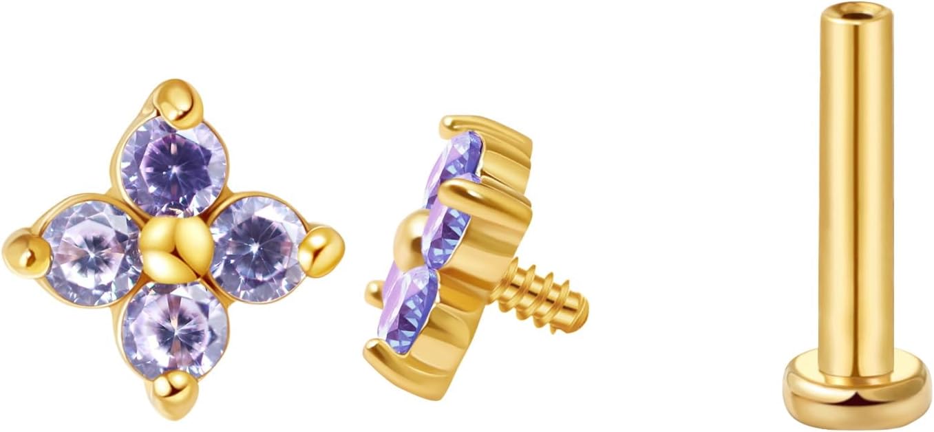 FANSING CZ Flower Internally Threaded Flat Back Earring Labret Stud for Cartilage Tragus Helix Conch