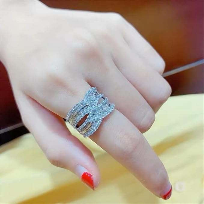 925 Sterling Silver Shiny Full Diamond Ring 18K Gold Cocktail Rings Criss Cross Cubic Zirconia Promise Rings CZ Diamond Multi Row Ring Eternity Engagement Wedding Band Ring for Women Z.32 (US Code 7)