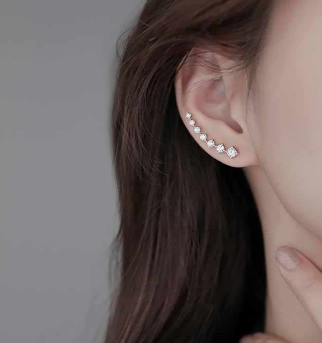 Reffeer Solid 925 Sterling Silver 7 Crystals Cuff Earrings Climber for Women Crawler Earrings Wraps