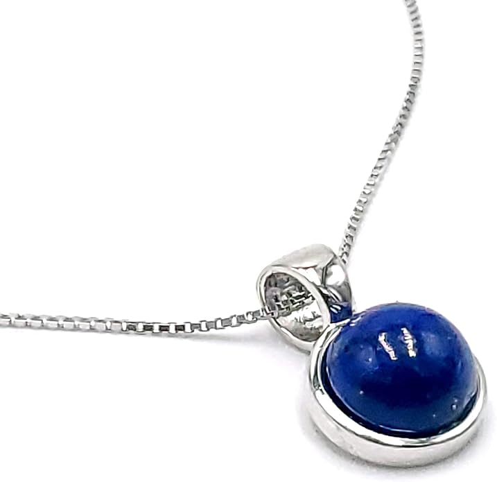 Natural gemstone 8mm round pendant with white gold over 925 sterling silver bezel cabochon plate and box chain, real genuine dainty birthstone gift for her, uniquelan jewelry