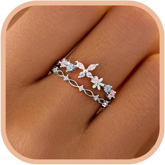 LOVECOM 925 Sterling Silver Butterfly Daisy Flower Rings for Women Mothers Self Love Ring for Myself Adjustable Gold Layered Colorful Opal Cubic Zirconia Stackable Ring Jewelry Gifts to Daughter