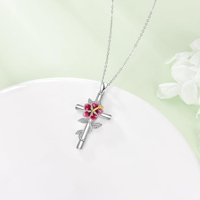 Flower Cross Necklace 925 Sterling Silver Carnation/Rose/Lily/Daisy Cross Necklace Birth Flower Jewelry for Women