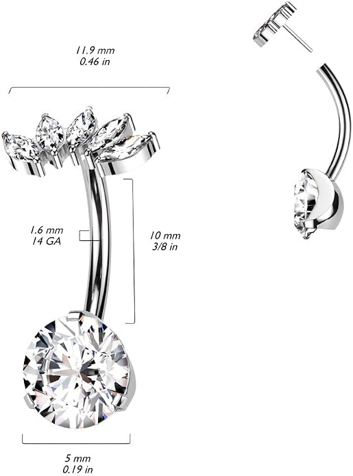 Pierced Owl 14GA F136 Implant Grade Titanium Threadless Push In Mutli CZ Crystal Marquise Belly Button Ring