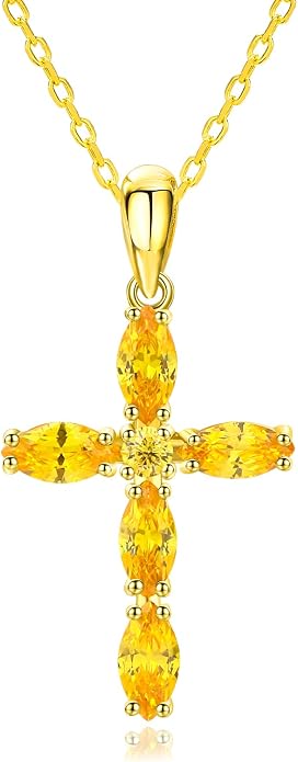 14K Gold Plated 925 Sterling Silver Birthstone Cross Necklace for Women Men