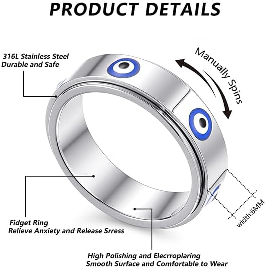 Evil Eye Fidget Ring for Women Men 18K Gold Plated, Anxiety Relief Spinner Ring Luck Charm Jewelry Gift, Size 6-10