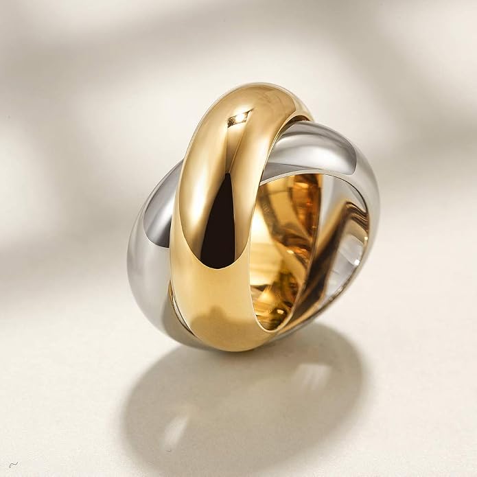 CIUNOFOR Two Tone Chunky Cocktail Ring for Women, Interlocked Gold & Silver Wide Band Statement Ring, Non-Separable Design, Sizes 6–9