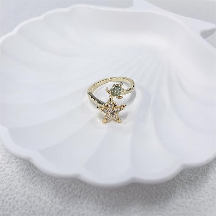 Dainty CZ Starfish Sea Turtle Open Adjustable Fidget Rings for Women Cute Crystal Sea Star Anxiety Spinner Statement Finger Band Rotating Animal Ring Comfort Fit Fashion Jewelry
