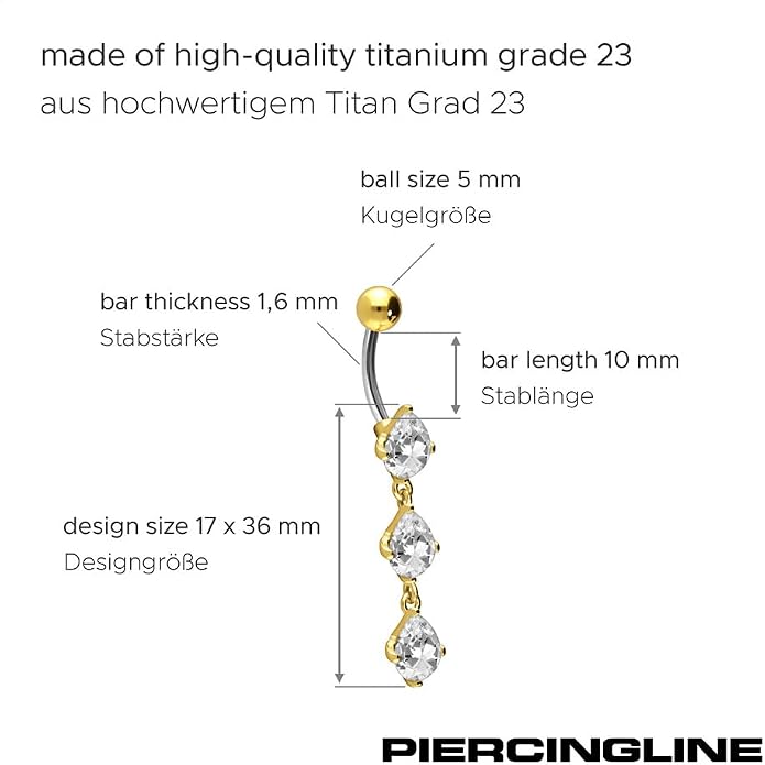 PIERCINGLINE Titanium Belly Button Piercing 925 Silver Design CRYSTAL DROPS safe