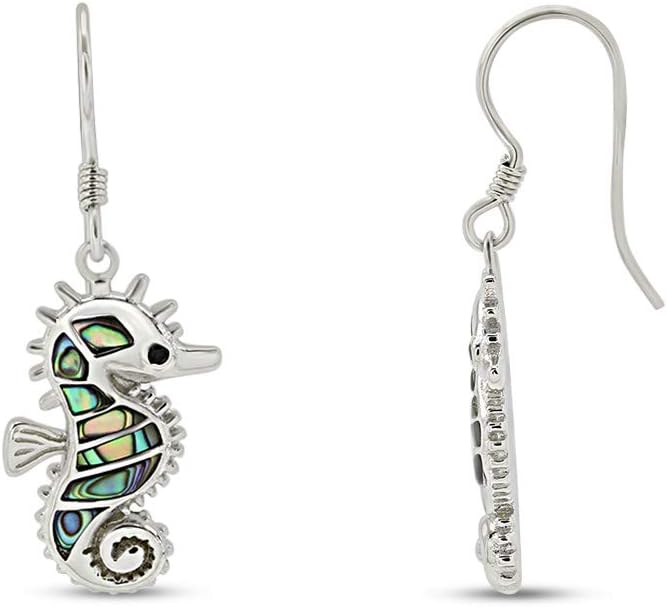 Abalone Shell Animal Dangle Earrings for Women (Kiwi Bird, Cat, Seahorse) in 14K White Gold Over 925 Sterling Silver, Iridescent Fishhook Drop Jewelry Gift