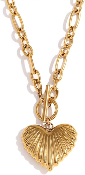 Chunky Gold Heart Necklace for Women, 18K Gold Plated Puffy Heart Pendant with Thick Paperclip Chain, Large Statement Choker Necklace, Vintage Style Stainless Steel Jewelry Gift for Christmas, Birthday, Valentine‘s Day