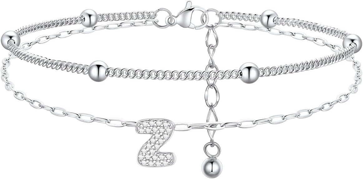 FindChic Silver/14K Gold Plated Layered CZ Initial Ankle Bracelet for Women | Waterproof Stainless Steel, Cubic Zirconia Letter Charm, Non-Tarnish, Hypoallergenic, Adjustable Extender, Summer Jewelry