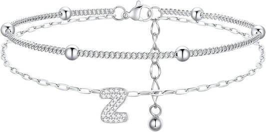 FindChic Silver/14K Gold Plated Layered CZ Initial Ankle Bracelet for Women | Waterproof Stainless Steel, Cubic Zirconia Letter Charm, Non-Tarnish, Hypoallergenic, Adjustable Extender, Summer Jewelry