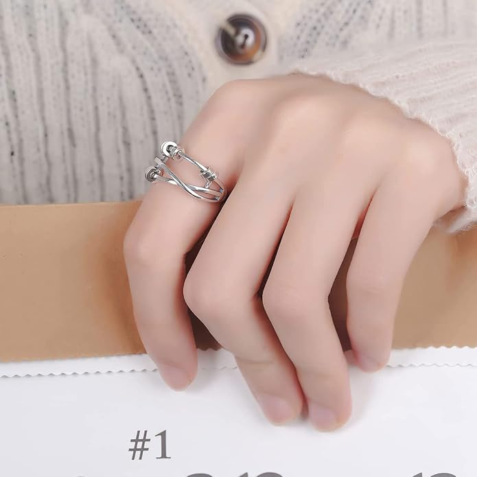 2pcs Fidget Band With Beads Spinner Rings for Women,Anti Anxiety Ring Stainless Steel Ring Sand Blast Finish.Unisex Adjustable Stacking Worry Ring