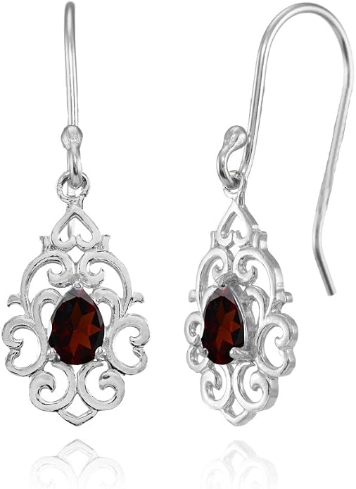 Sterling Silver Genuine or Created Gemstone Filigree Heart Teardrop Dangle Earrings
