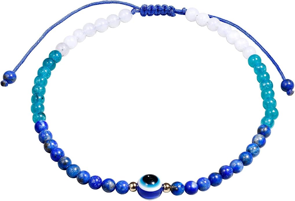 Evil Eye Anklet Bracelets for Women Energy Healing Crystals and Gemstones Worry Stone Beach Foot Meditation Yoga Jewelry