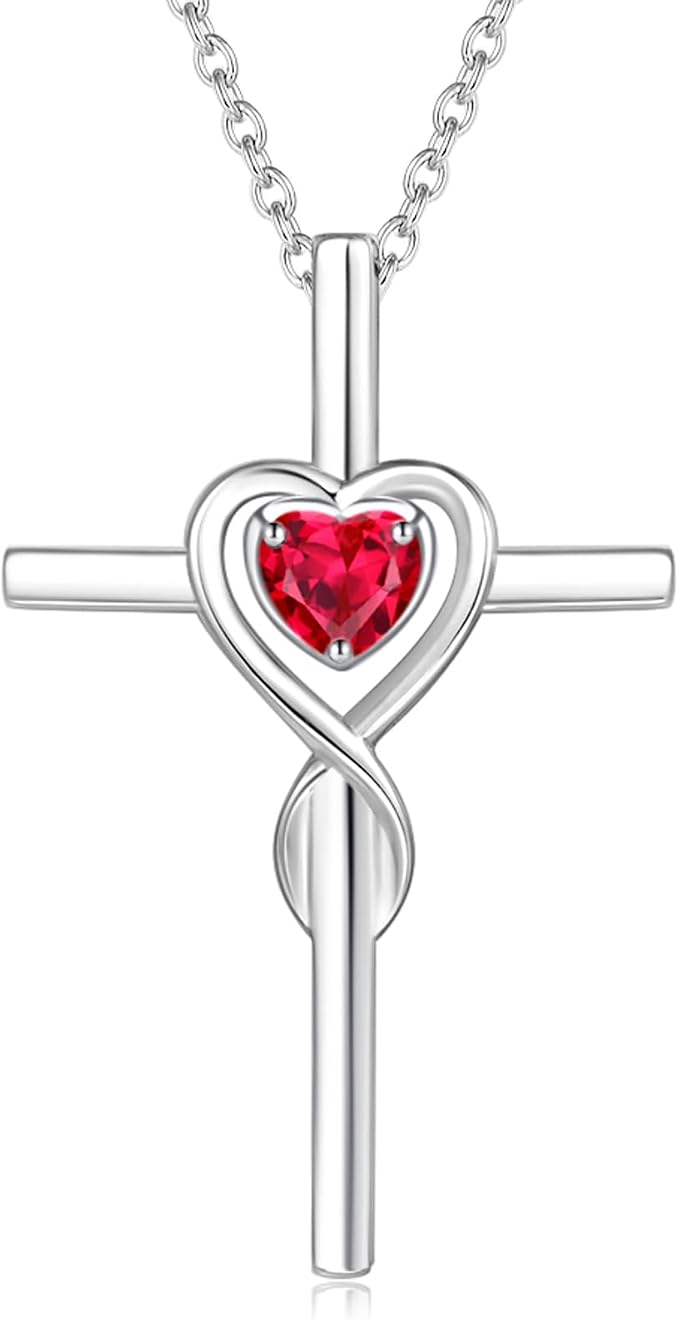 FANCIME Birthstone Cross Necklace for Women Birthstone Necklace Heart Infinity Cross Pendant Necklace Fine Jewelry Christmas Birthday Holiday Gifts for Her, 16"+2" Inches