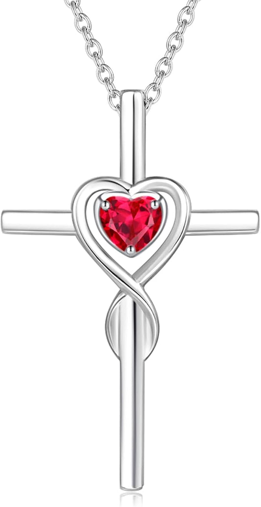 FANCIME Birthstone Cross Necklace for Women Birthstone Necklace Heart Infinity Cross Pendant Necklace Fine Jewelry Christmas Birthday Holiday Gifts for Her, 16"+2" Inches