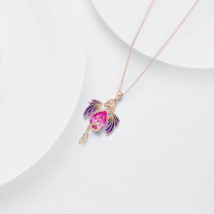 Dragon Necklace for Men Sterling Silver Birthstone Wyvern Necklace Embllished with Teardrop Shaped Crystal Jewelry for Women