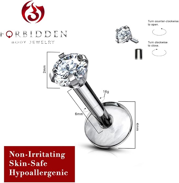 16 g Titanium Internally Threaded Tragus Piercing Jewelry CZ Top Flat Back Piercing Nose Studs Earring, Helix, Cartilage, Labret, Monroe for Women or Men