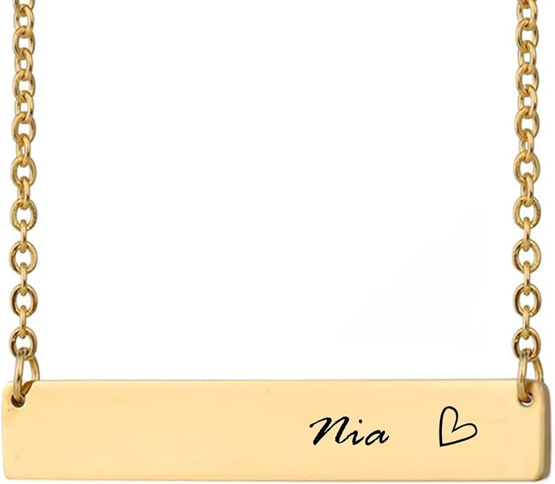 HUAN XUN Custom Bar Necklace Personalized Engraved Name Bar Necklace for Women Customized Stainless Steel Heart Pendant Bar Jewelry Gift for Her Mother Day Christmas