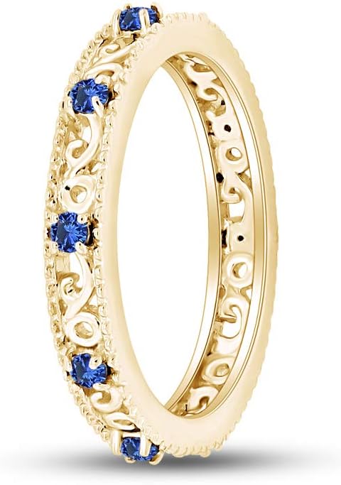 Jewel Zone US Filigree Eternity Wedding Band Ring for Women, Round Cut Simulated Gemstone Stackable Promise Ring in 14K Gold Plated 925 Sterling Silver Band Width 3.5mm – Elegant Jewelry for Her