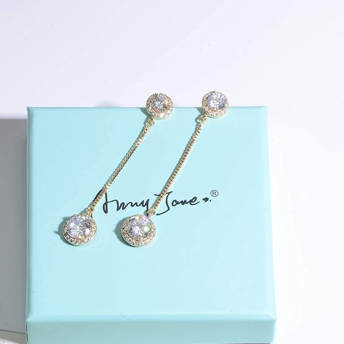 Crystal Linear Drop Earrings - Womens Sterling Silver Round Cubic Zirconia CZ Diamond Rhinestone Long Chain Dangle Earrings Bridal Drop Earrings for Wedding Bride Bridesmaids