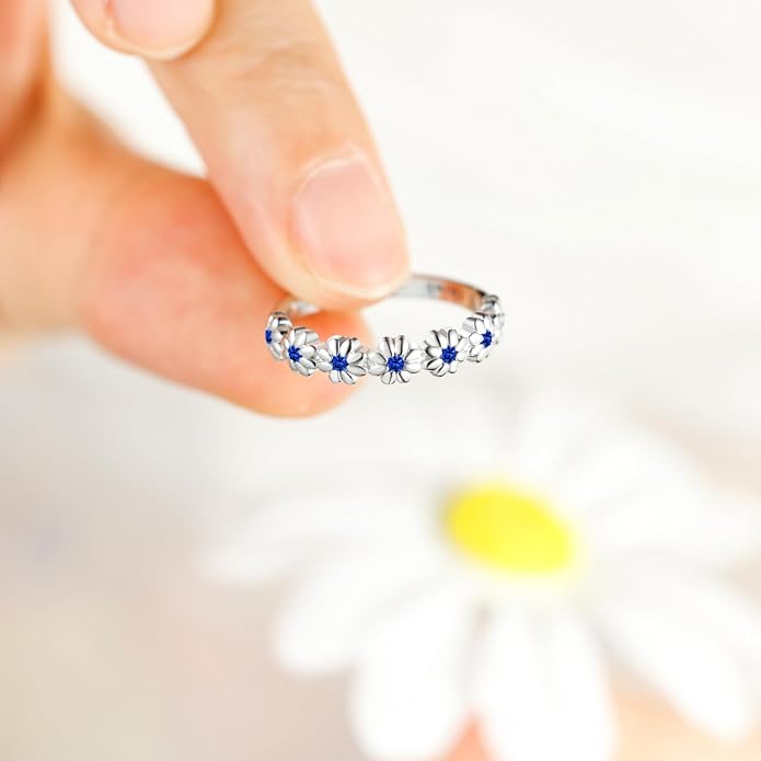 Dainty Daisy Ring for Women, S925 Sterling Silver Cubic Zirconia Sunflower Flower Ring For Daughter, I Think Of You Every Daisy Ring, Birthstone Flower Ring